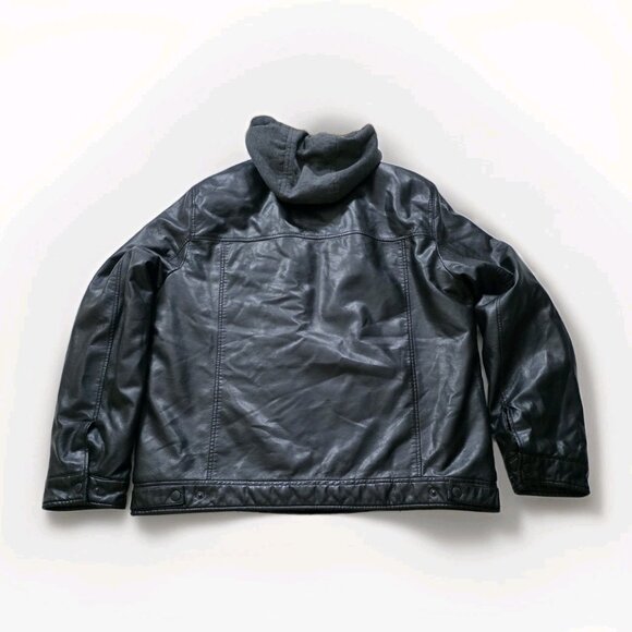 Levi's Trucker Jacket Men L Black Faux Leather LS Hooded Pockets Western Grunge - Picture 14 of 16